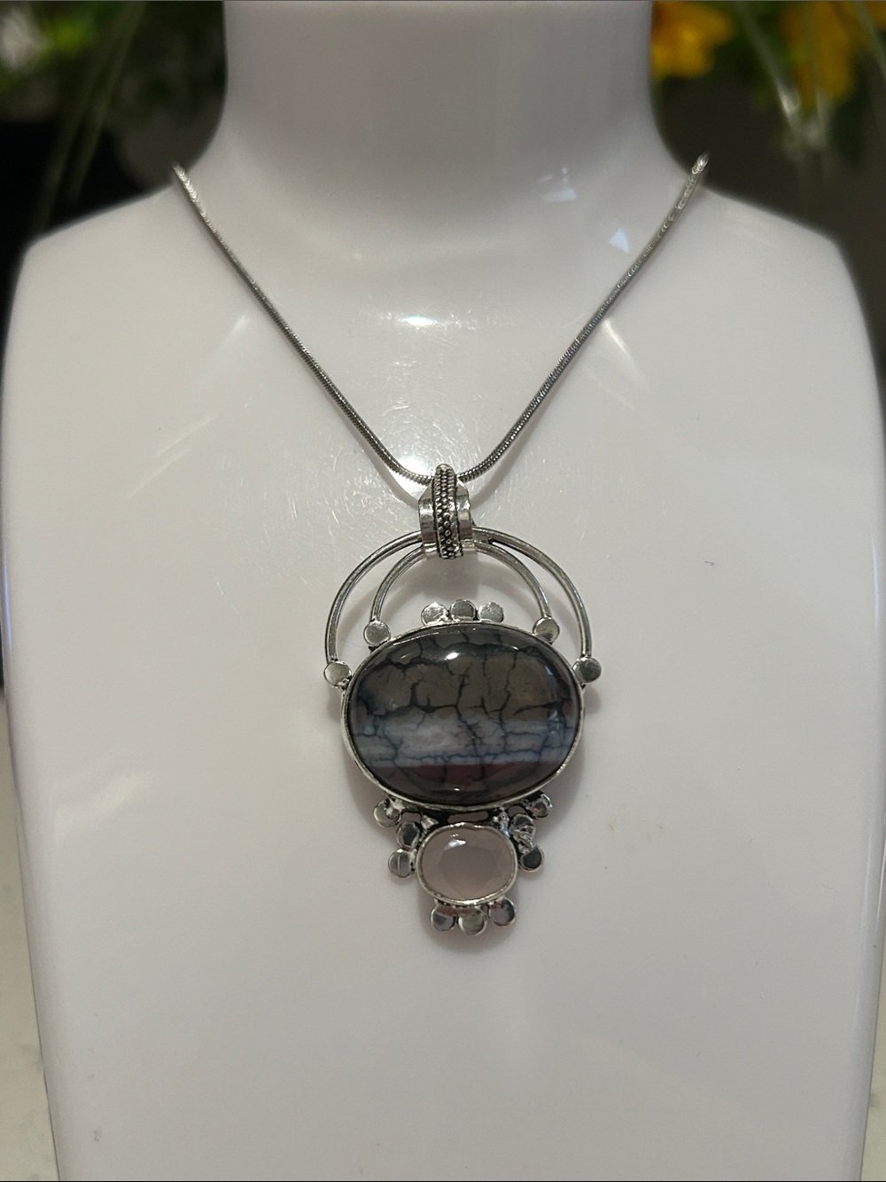 Solar Agate & Rose Chalcedony Handmade Gemstone Pendant Necklace